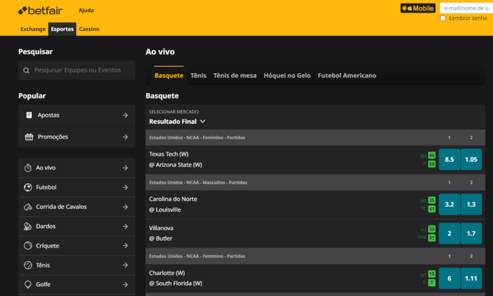 Apostas Ao Vivo na Betfair